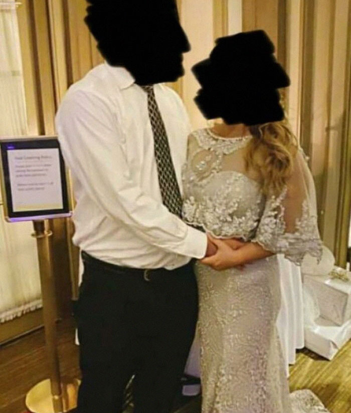 17. “Thought this was the bride and groom at first—nope. Father and stepmother of the bride, wearing a white-ish, beaded gown with a train.”