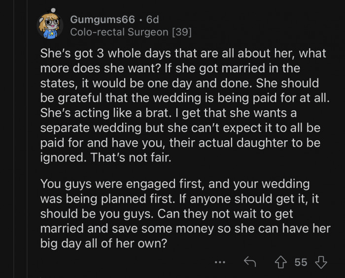 Sara can wait a little longer and save for her own wedding.