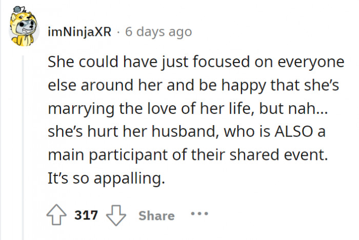 OP is not the only main character in this event—her husband is, too. And she kind of did him dirty.