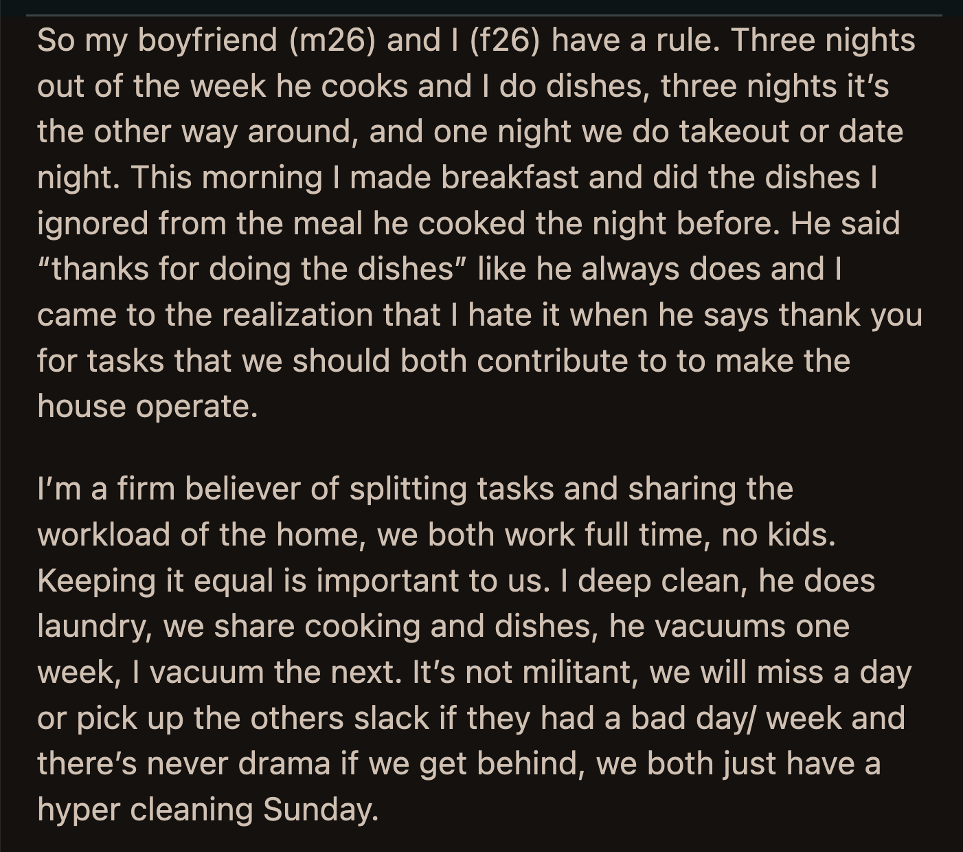 OP said she loved her boyfriend and found his politeness sweet, but while words of affirmation worked for him, they didn't translate well to her.