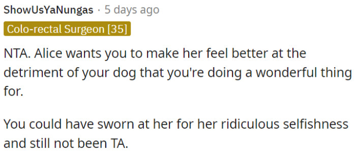 Her request is unreasonable, and OP is not in the wrong for refusing.