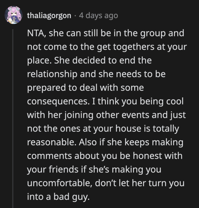 Not inviting her to his home seems fair according to some commenters