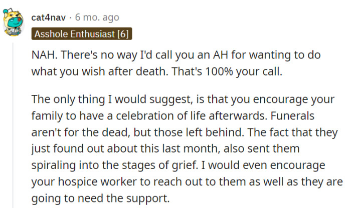 No AH here; OP has every right to decide their afterlife plans.