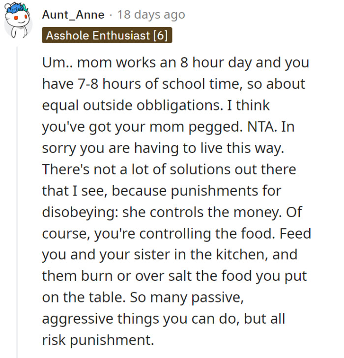 You and your mom have about the same amount of outside obligations, but the ratio of your household chores is drastically skewed. There are not a lot of solutions since any wrong move can lead to punishment.