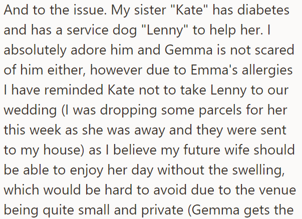 The OP Reminded His Sister That She Can't Bring Her Service Dog to Their Wedding