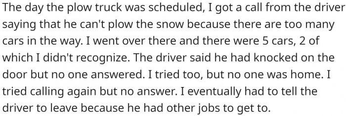 On the day of the scheduled plow truck, OP received a call from the driver saying that he couldn't plow the snow because too many cars were in the way. When OP went over to the house, he observed five vehicles, two of which he did not recognize.