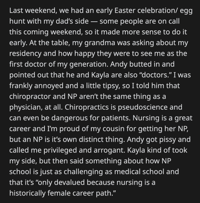 Their grandfather overheard and told Kayla and Andy to take a seat because they shouldn't be claiming that they are doctors