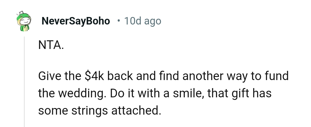 The OP should find another way to fund the wedding