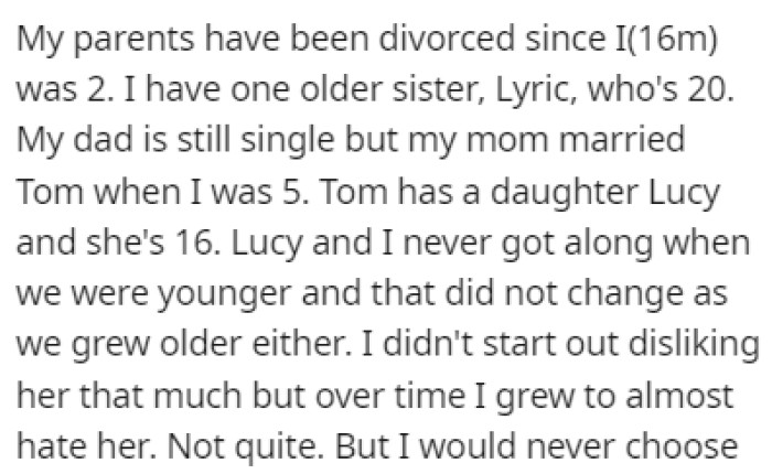 OP's parents have been divorced for a while now, and his mother remarried since