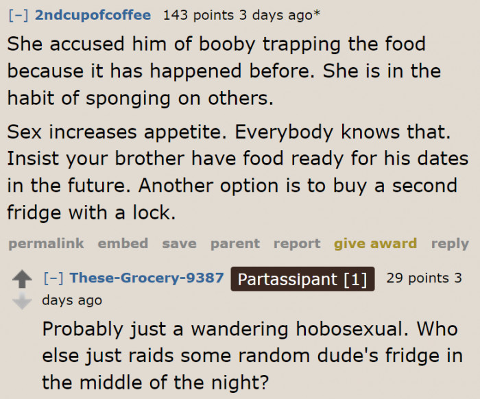 How can she accuse the OP of booby trapping the food? He doesn't even know her.