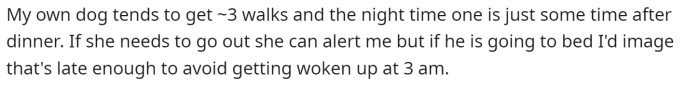 This comment continues to say that the dogs should ultimately be able to last through the night after being taken out before bed.