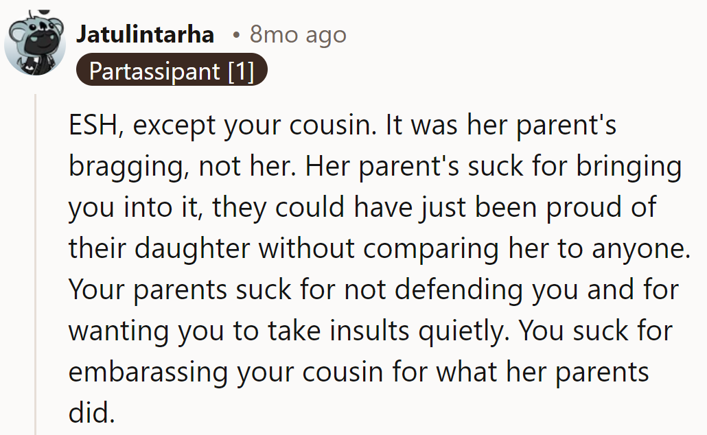 ESH: Everyone's sinking, except the cousin, who's left swimming in embarrassment.