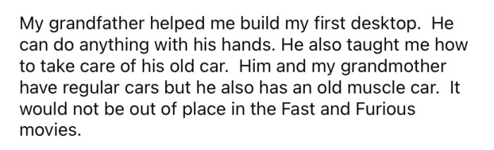 Her grandfather also has a vintage muscle car.