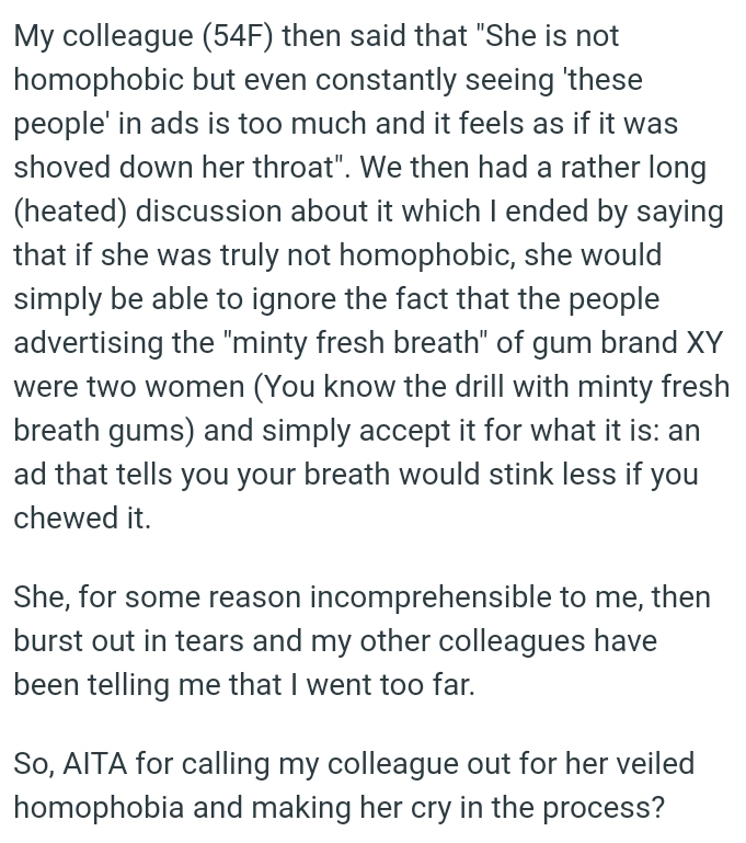 OP simply asked her why she couldn't ignore the fact about the people advertising the 