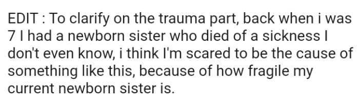 In this edit, the OP explains how the baby trauma came about
