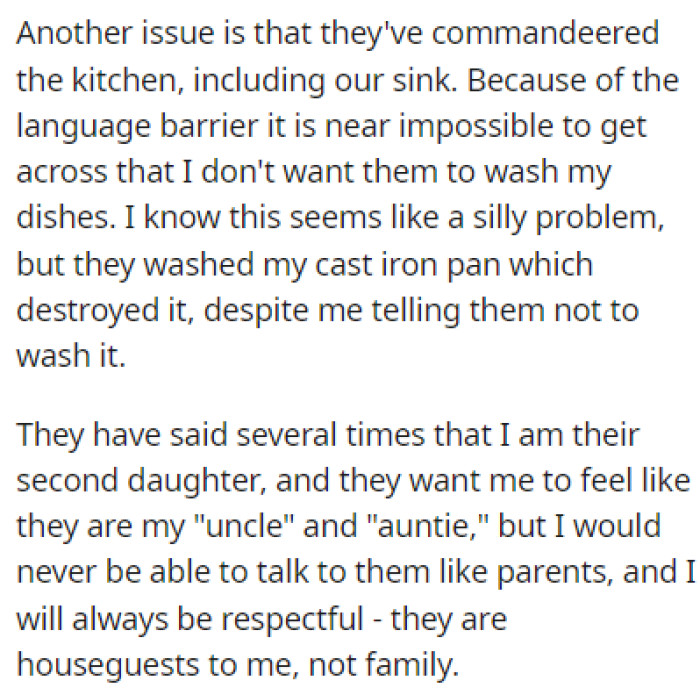 There's a language barrier between OP and the roommate's parents which makes things even harder