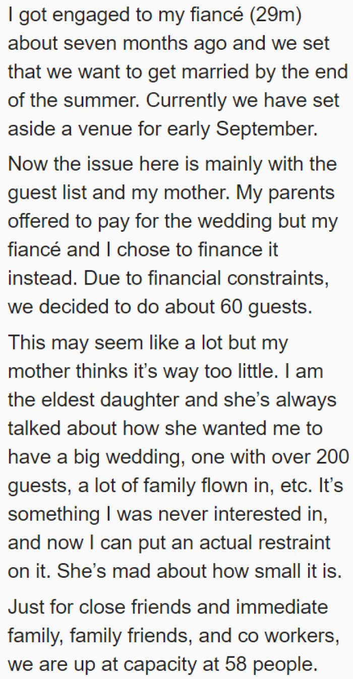 The OP and her fiancé decided they'll pay for the wedding themselves.