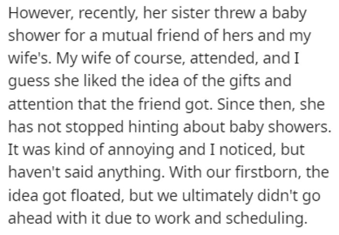 OP's wife has been hinting about baby showers