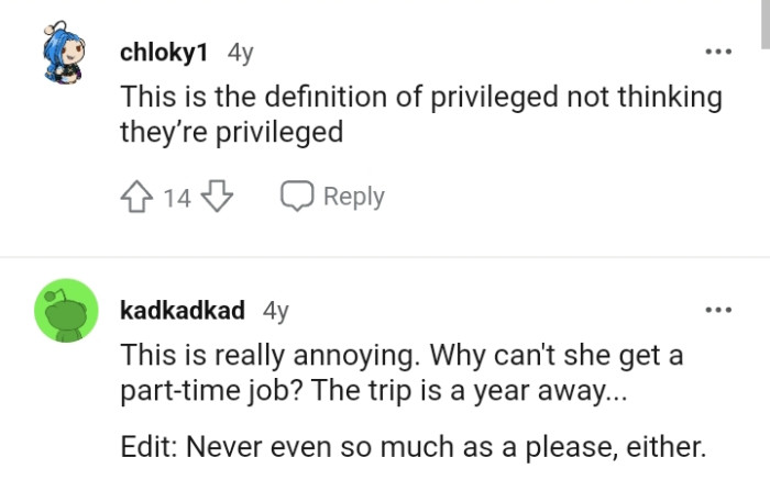 This Redditor wants to know why the girl doesn't want to get a part-time job