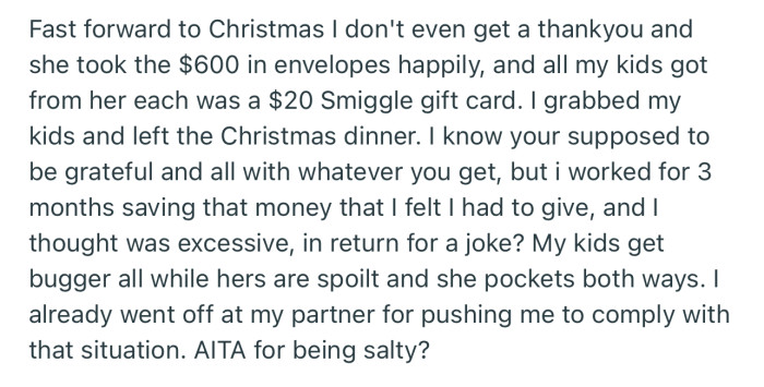 OP was shocked to receive a $20 Smiggle gift card for her kids after giving $600 to her SIL’s kids