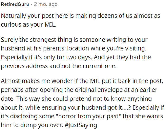 It's unusual for someone to choose to mail a letter to OP's husband at his parents' residence while he's there visiting them.