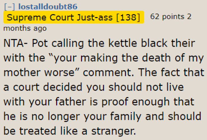 Her father and his family are strangers to the OP, at this point.