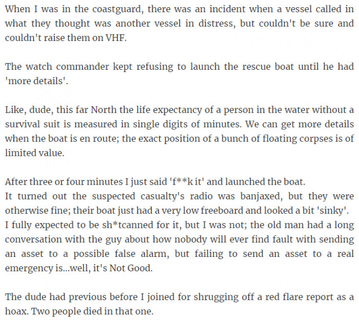 30. The watch commander refused to launch the rescue boat