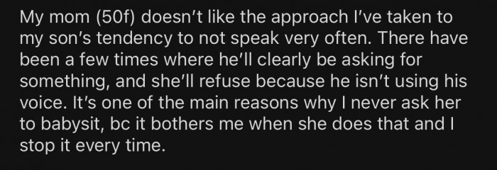 OP's mom disapproves of her approach to dealing with her son's issue.