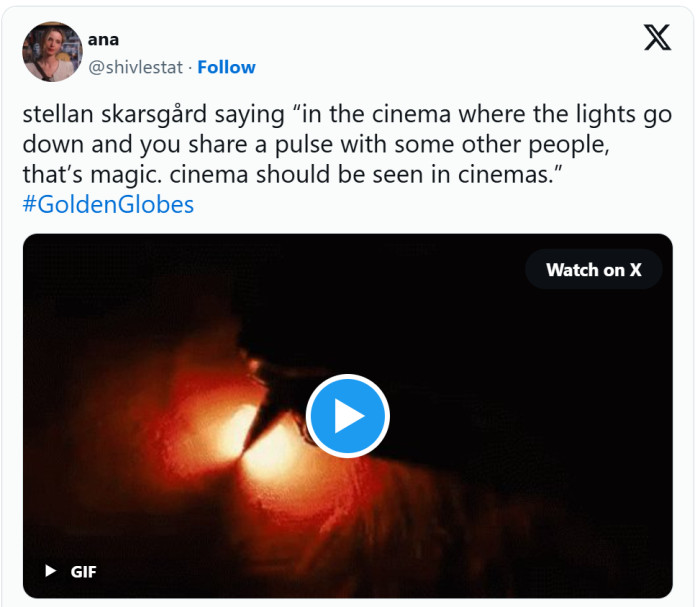 “Hopefully you will see it in the cinema, because they are an extinguished species now. In a cinema, where the lights go down and eventually your chair…the pulse with some other people. That is magic. Cinema should be seen in cinemas,