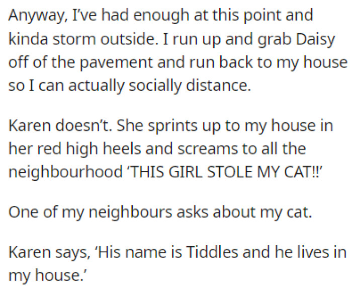 OP took Daisy and ran back into their house while Karen screamed