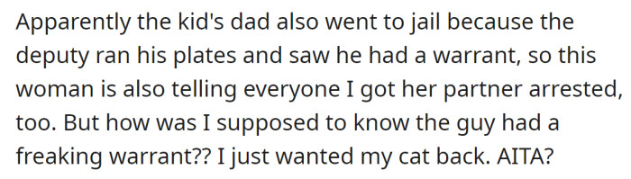 But the neighbor ended up arrested due to his existing warrant, and now his wife blames the OP: