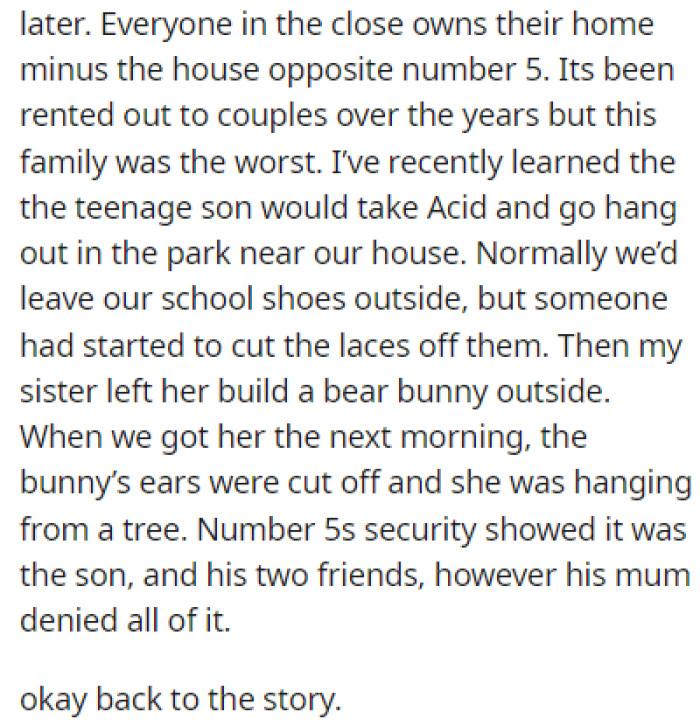 One of their neighbors was a teenager who would take drugs and hang out in the park near their house