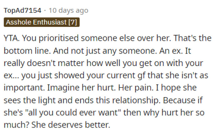 It definitely seems like everyone thinks OP is in the wrong for this and that the girlfriend will realize where she stands.