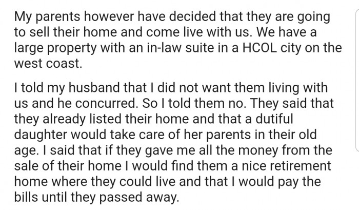 OP's parents, however, are planning something of their own, which could intrude into OP's life