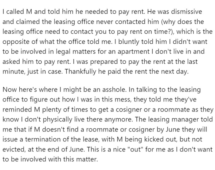 This could have legal implications for OP since the lease had defaulted to month-to-month because neither of them had signed a renewal.