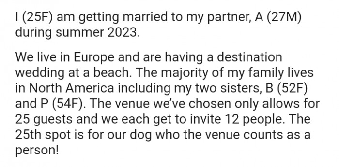 The majority of the OP's family lives in North America, including her two sisters.