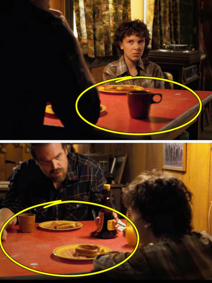 13. During the scene where Eleven and Hopper had breakfast in the second season, the position of the actress and the items on the table change repeatedly.