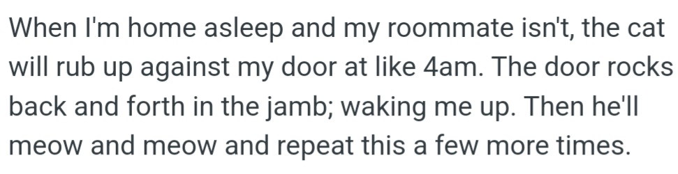 Anytime OP is asleep at home without their roommate, the roommate's cat rubs against their door at 4 AM, rocking it and waking them up.