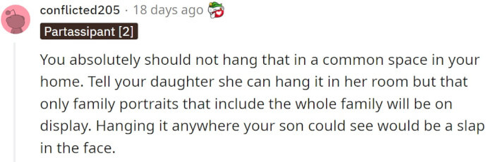 People began telling her not to hang it up because it could hurt her son's feelings, but rather to compromise.