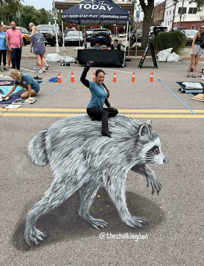 "My 3D Chalk Drawing Of Jimothy The Raccoon In St. Joe, Michigan"