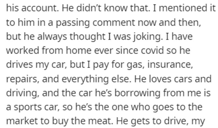 OP has been using the son's hard-earned money to buy meat