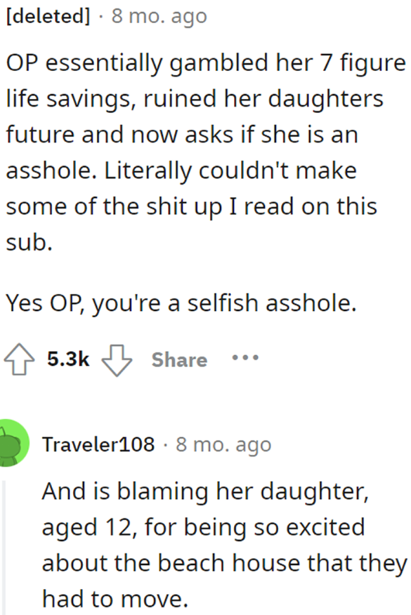 The community didn't hold back on the OP, and she's facing the consequences after losing both the seven-figure inheritance and her daughter's college fund.