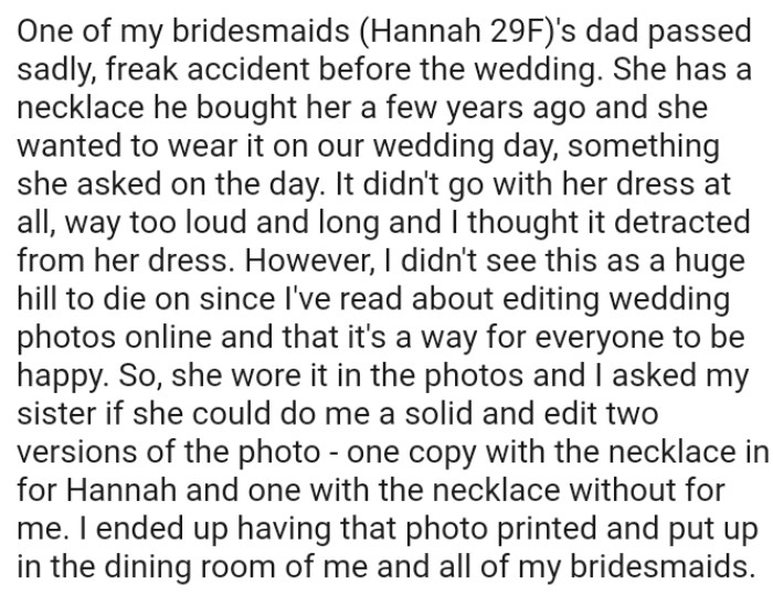 The OP didn't see this as a huge issue since she had read about editing wedding photos online.