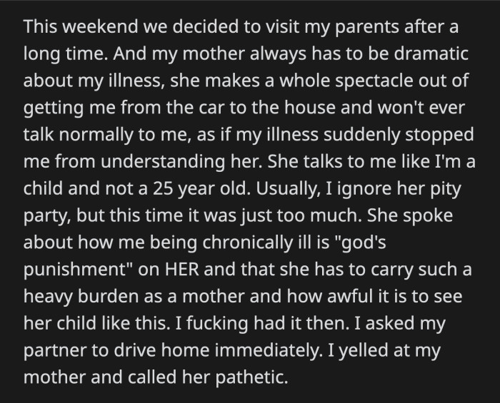 OP's aunt piled on and defended their mom. Apparently, she's just overwhelmed by OP's illness.