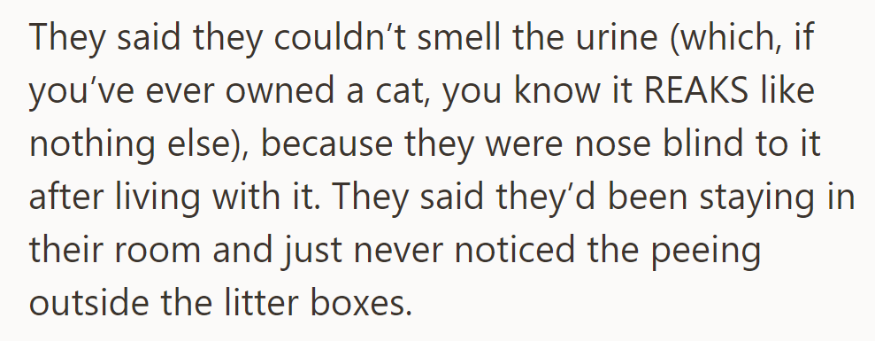 They claimed nose blindness to the urine smell, staying in their room and missing the mess.