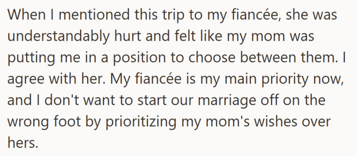 Wanting to start their marriage on the right note, he refuses to put his mom’s wishes above his partner’s feelings.