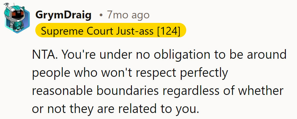 NTA. Boundaries are for everyone, relatives included.