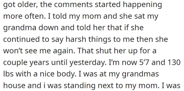 Mom intervened to stop grandma's hurtful comments, but recent remarks during a visit revealed an enduring struggle with body image.