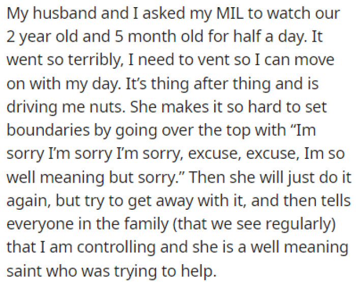 OP and her husband decided to ask her mother-in-law to babysit their kids for half a day