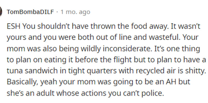 ESH seems to be a response that some took because OP shouldn't have touched the food, but maybe OP's mom shouldn't have chosen tuna.